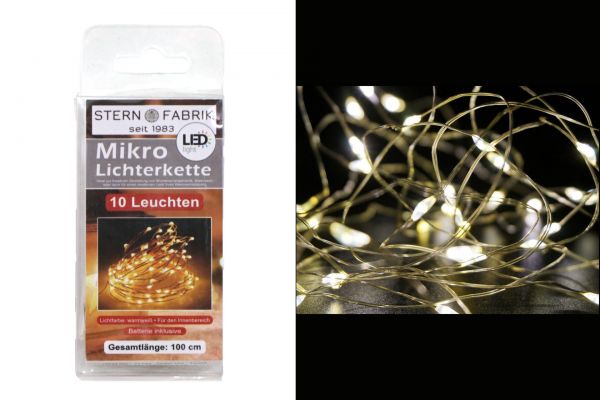 10er Led Draht Lichterkette 1m lang inklusive Knopfzelle Batterie warmweiß Leds