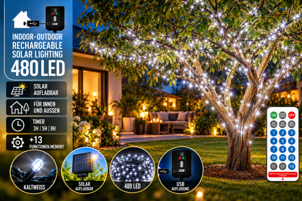 LED Solar Lichterkette 480er USB wiederaufladbar kaltweiß Timer Fernbedienung