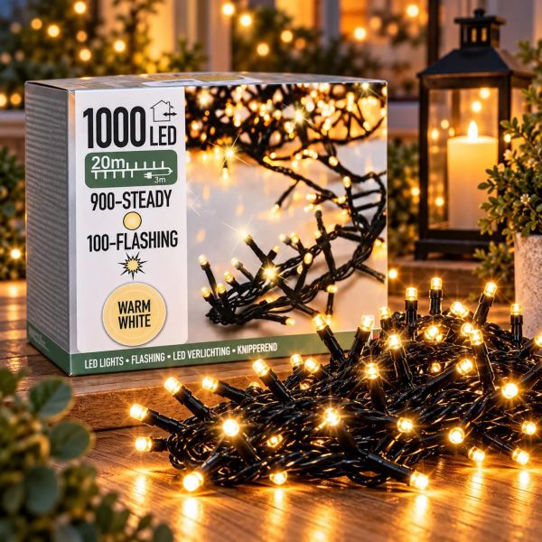 LED Lichterkette Cluster Büschel mit Timer + Flash warmweiß außen Strom 1000er 20m