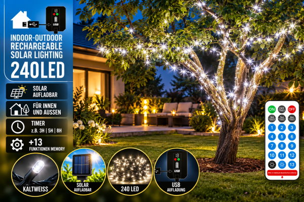 LED Solar Lichterkette 240er USB wiederaufladbar kaltweiß Timer Fernbedienung