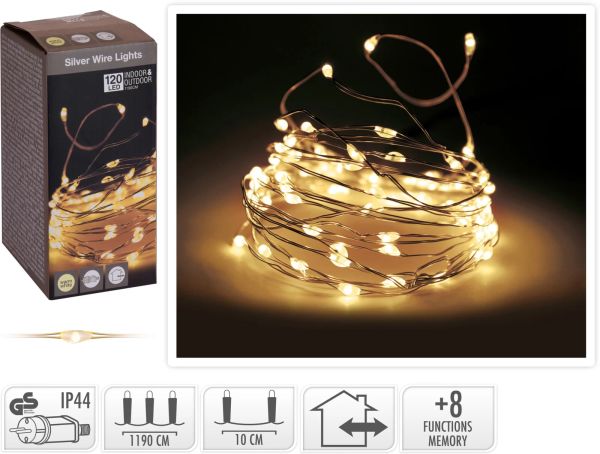 LED Draht Lichterkette warmweiß 120er Tropfen Strombetrieb Timer innen und außen
