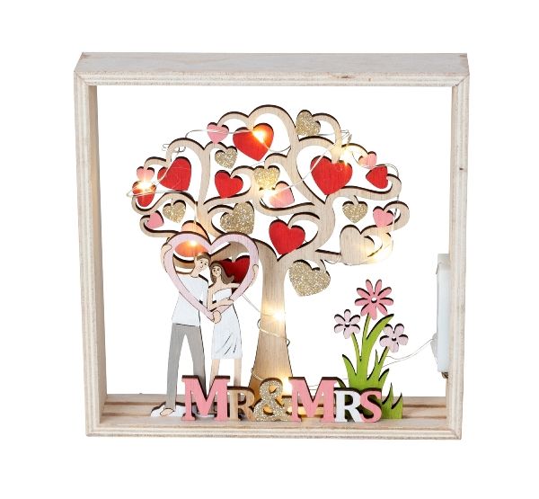 Mr und Mrs Schild Hochzeit Brautpaar Holz LED Lichterkette Batterie Herz 18cm x 18cm