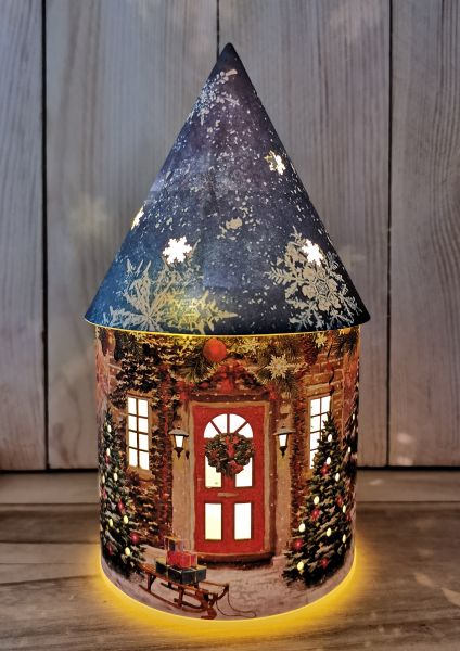 1 LED Winter Deko-Haus aus Papier Batteriebetrieb blaues Dach