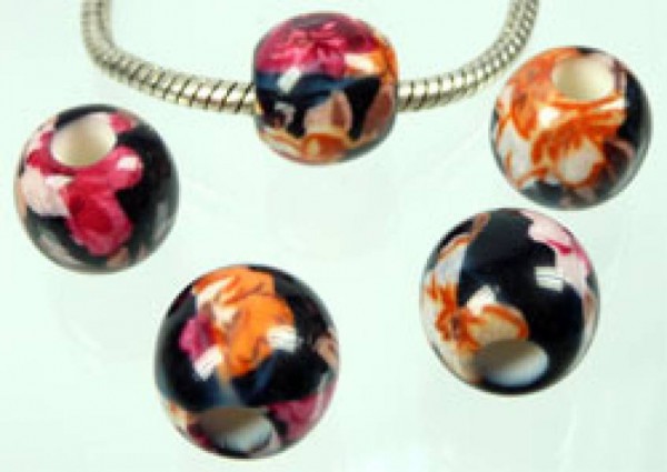 1 Bead Kunststoff Perle14mm schwarz gemustert 3616