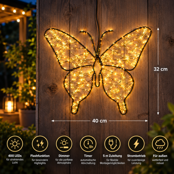 LED Schmetterling 400 LEDS mit Flash 40cm xx32cm Timer Dimmer außen