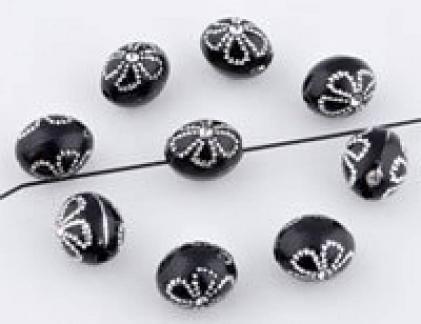 20 Perlen Kunststoff 9x7mm schwarz silber Olive 09071