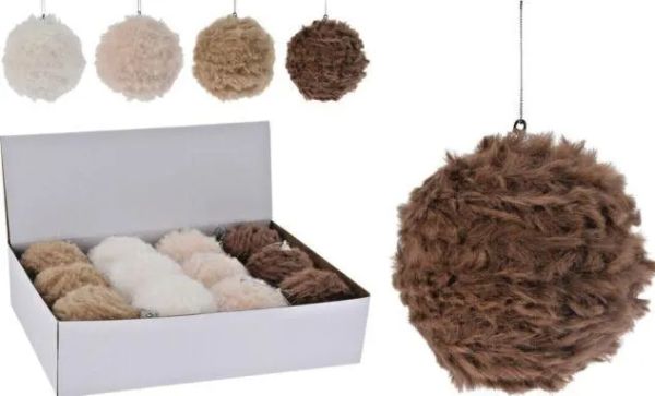 4er Set Plüsch Weihnachtskugel 8cm dunkelbraun hellbraun creme und weiß mit Aufhängung
