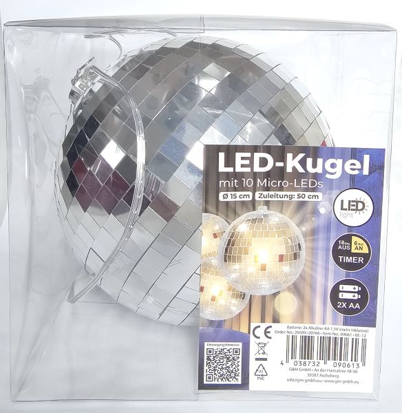 LED Kugel Lichterkette Batterie Discokugel 6 Stunden Timer 15cm silber