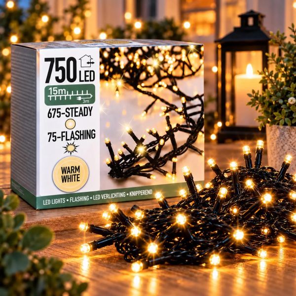 LED Lichterkette Cluster Büschel mit Timer + Flash warmweiß außen Strom 750er 15m