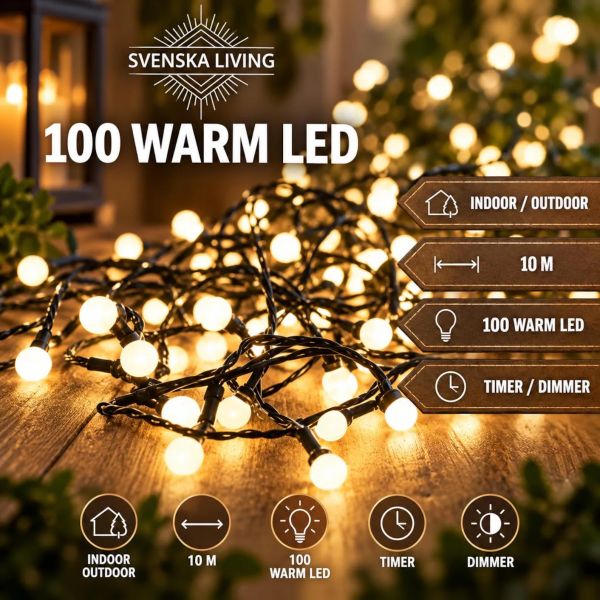 LED Lichterkette 100er 10m Kugel weiß warmweiß innen außen Timer Dimmer