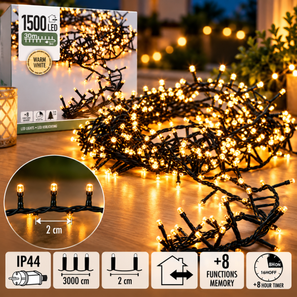 LED Clusterlichterkette 1500er Lichterkette warmweiß mit Timer strombetrieben innen außen