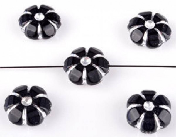 20 Perlen Kunststoff 10mm schwarz silber Blume 09072