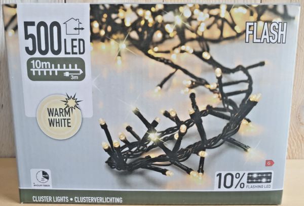 LED Lichterkette Cluster Büschel mit Timer + Flash warmweiß außen Strom 500er 10m