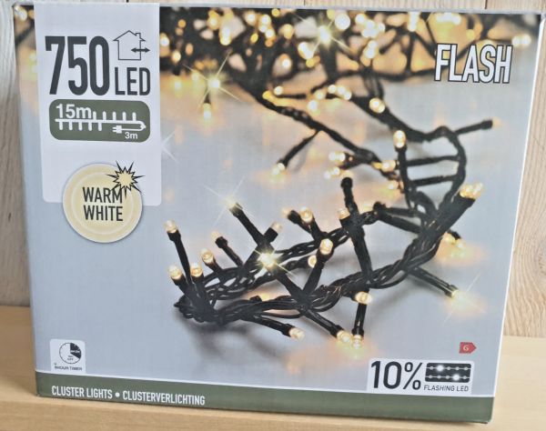 LED Lichterkette Cluster Büschel mit Timer + Flash warmweiß außen Strom 750er 15m