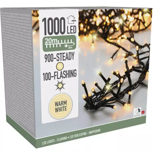 LED Lichterkette Cluster Büschel mit Timer + Flash warmweiß außen Strom 1000er 20m
