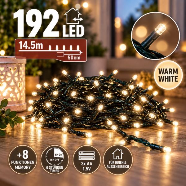 LED Lichterkette 192 Lämpchen + Timer + Batteriebetrieb warmweiss grünes Kabel
