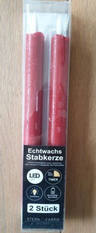 2er Set LED Stabkerze Batterie Timer Echtwachs 25cm rot warmweiß