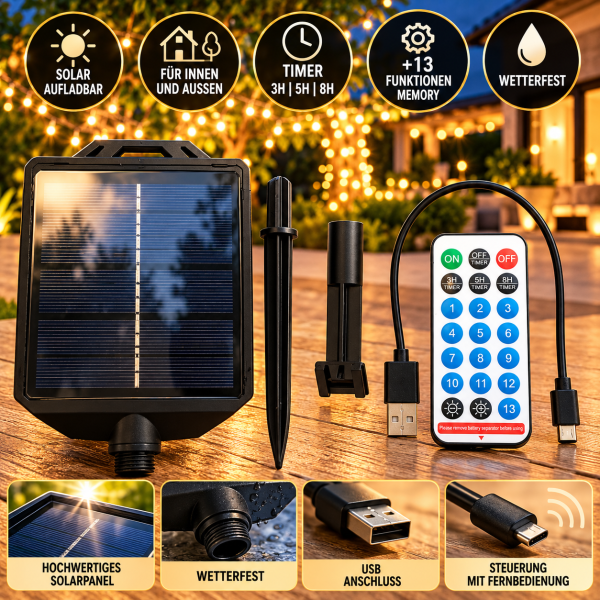 Solarpanel mit Fernbedienung Timer USB aufladbar für LED Lichterketten