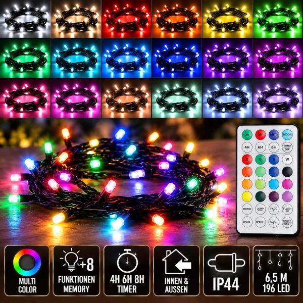 LED Lichterkette RGB 196er Strom Timer Fernbedienung außen Funktionen 6,5m Cluster