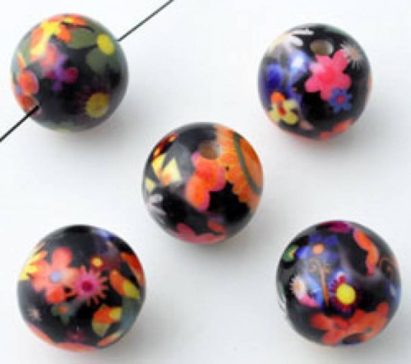 1 Kunststoffperle 14mm Muster schwarz/bunt 11196