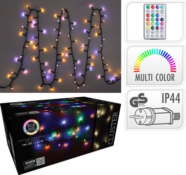 LED Lichterkette RGB 196er Strom Timer Fernbedienung außen Funktionen 6,5m Cluster