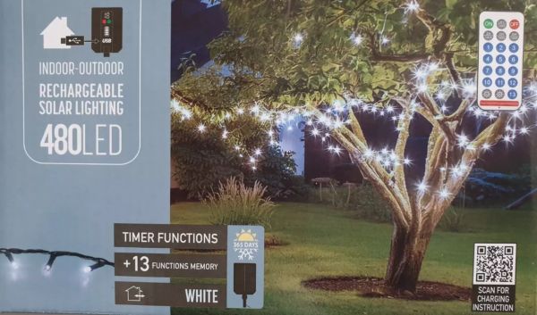 LED Solar Lichterkette 480er USB wiederaufladbar kaltweiß Timer Fernbedienung