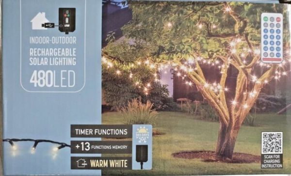 LED Solar Lichterkette 480er USB wiederaufladbar warmweiß Timer Fernbedienung
