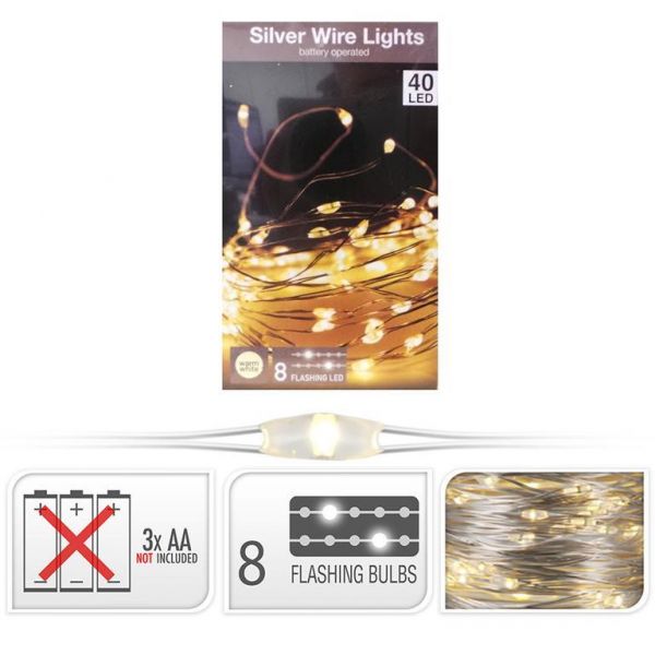 40er LED Drahtlichterkette mit 8 funkelnden LEDS warmweiß