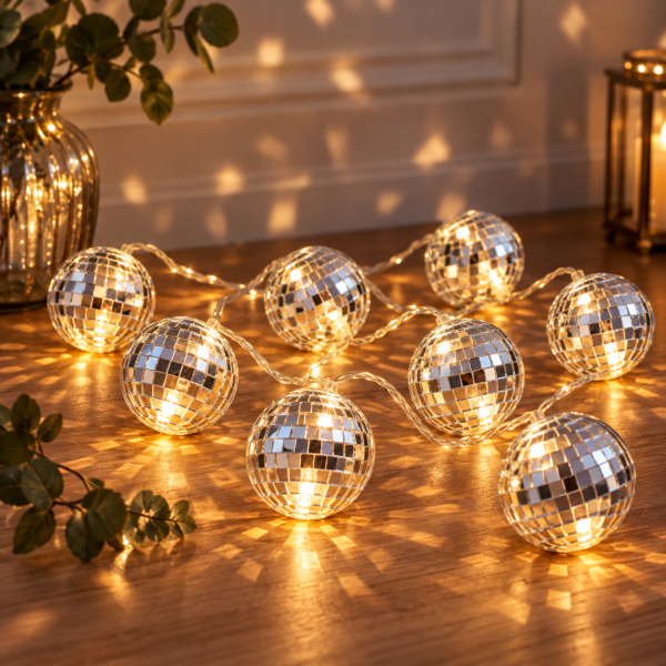 1 x LED Discokugel Lichterkette 10 Spiegelkugeln 6 cm Warmweiß Timer silber