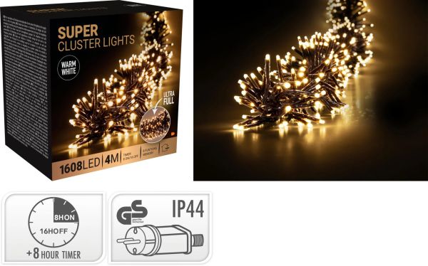 LED Super Clusterlichterkette Timer 8 Leuchtfunktionen Büschel 1608er 4m lang außen