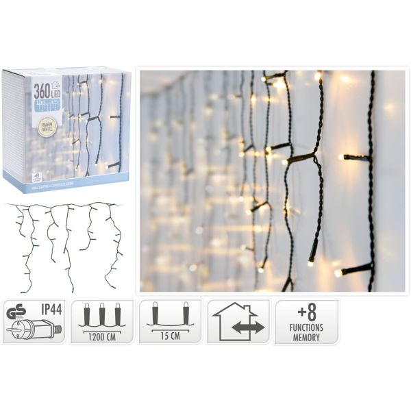 360er LED Lichterkette warmweiß Lichtervorhang 8 Funktionen
