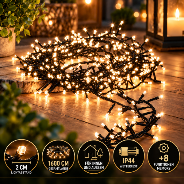 LED Clusterlichterkette 800er Lichterkette warmweiß mit Timer strombetrieben innen außen