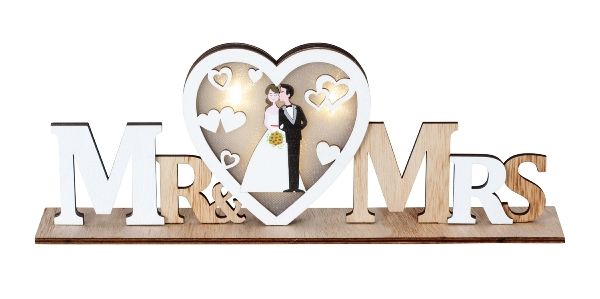 Mr und Mrs Schild Hochzeit Brautpaar Holz LED Lichterkette Batterie Herz 32cm x 12cm