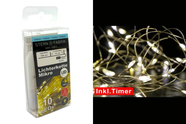 10er Led Draht Lichterkette Timer 1m lang inklusive Knopfzelle Batterie warmweiß