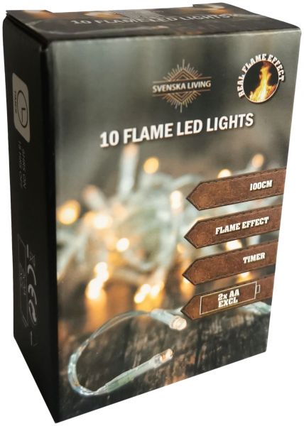 Flammeneffekt! 10er LED - Lichterkette mit Timer Batteriebetrieb