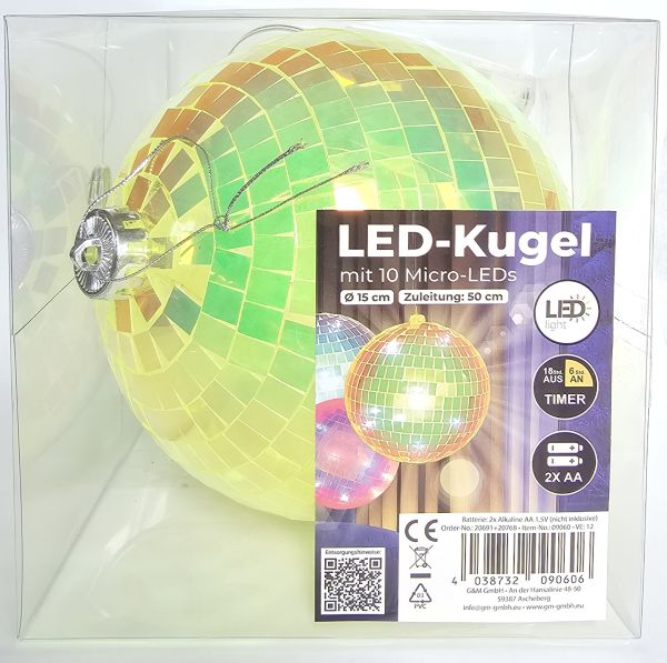LED Kugel Lichterkette Batterie Discokugel 6 Stunden Timer 15cm gelb irisierend