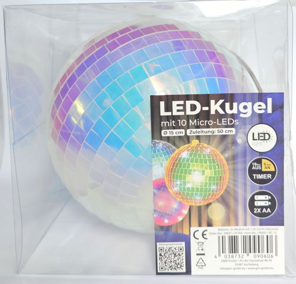LED Kugel Lichterkette Batterie Discokugel 6 Stunden Timer 15cm weiß irisierend