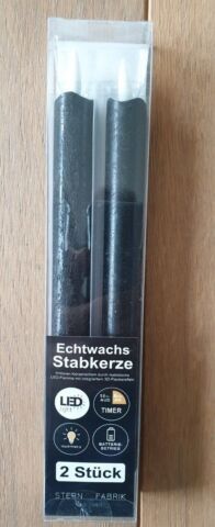 2er Set LED Stabkerze Batterie Timer Echtwachs 25cm schwarz warmweiß