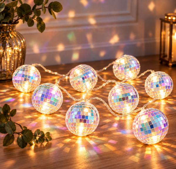 1 x LED Discokugel Lichterkette 10 Spiegelkugeln 6 cm Warmweiß Timer irisierend