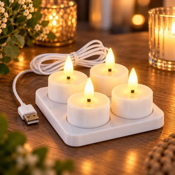 LED Teelichter 8 Stück warmweiß flackernd aufladbar USB Ladestation