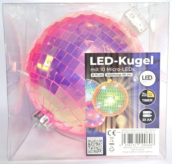 LED Kugel Lichterkette Batterie Discokugel 6 Stunden Timer 15cm pink irisierend