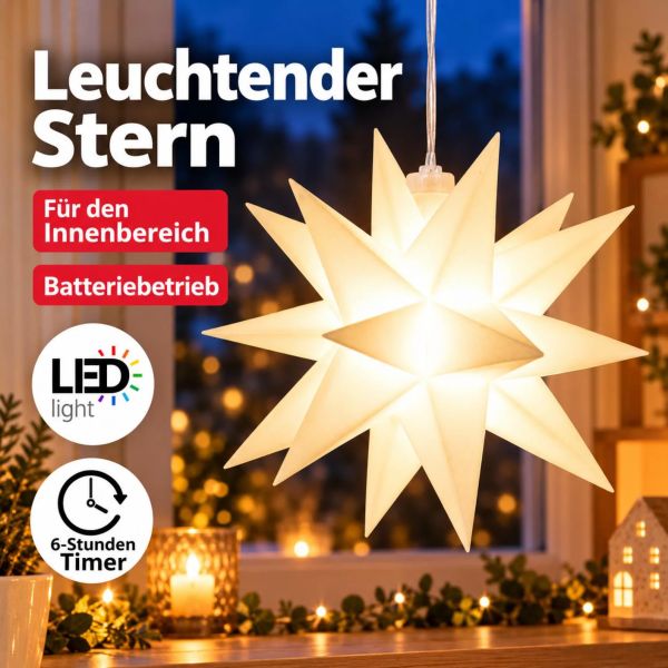 3D LED Weihnachtsstern Stern Licht weiß Batterie warmweiß Timer