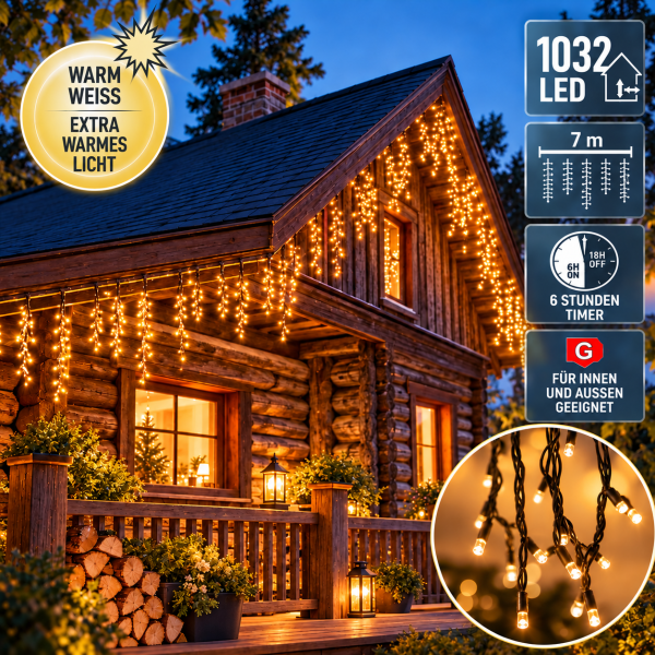 LED Eiszapfen Lichterkette 1032 LEDs 7 m Cluster Lichterkette Extra Warmweiß Timer Außen &amp; Innen