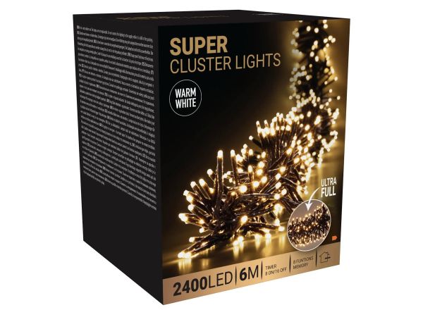 LED Super Clusterlichterkette Timer 8 Leuchtfunktionen Büschel 2400er 6m lang außen