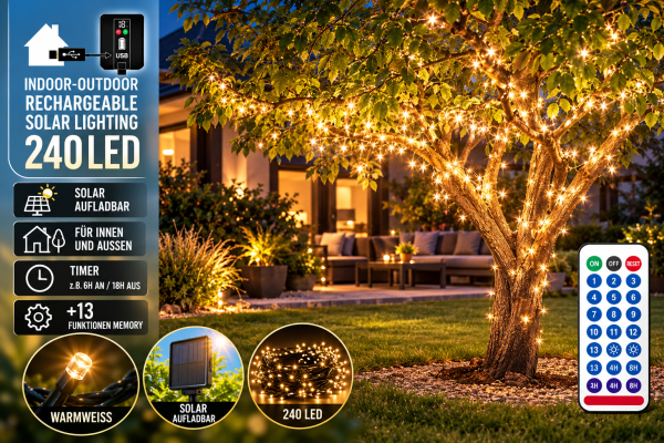 LED Solar Lichterkette 240er USB wiederaufladbar warmweiß Timer Fernbedienung
