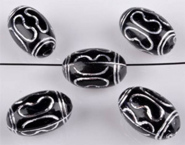 10 Perlen Kunststoff 15x10mm schwarz silber Olive 09070