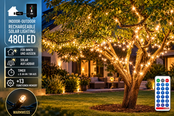 LED Solar Lichterkette 480er USB wiederaufladbar warmweiß Timer Fernbedienung