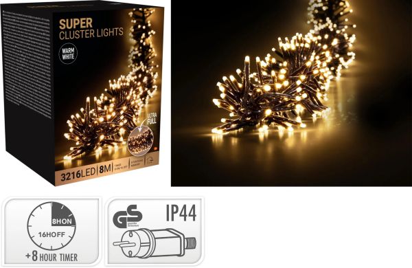 LED Super Clusterlichterkette Timer 8 Leuchtfunktionen Büschel 3216er 8m lang außen
