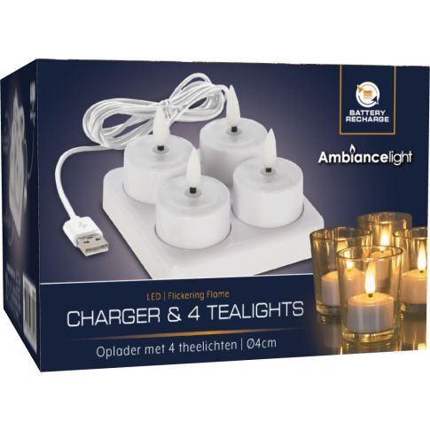 LED Teelichter 8 Stück warmweiß flackernd aufladbar USB Ladestation